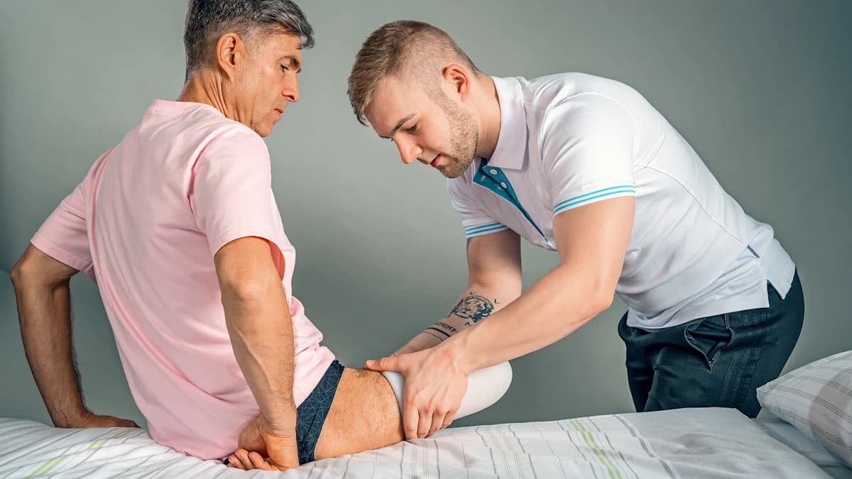 Prosthetist examines the residual limb and liner of a leg amputee with his hands