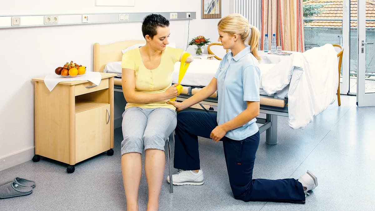 A professional teaching an amputee strengthening techniques for supporting muscles