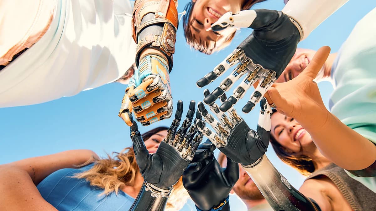 A diverse group of prosthetic hand users stand in a circle, hands together in the centre
